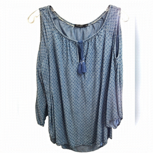 MAX JEANS Open Shoulder Bell Sleeve Blue & White Blouse Size Large